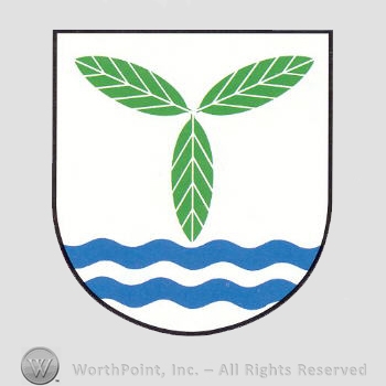 Heraldry: shield, leaves, wavy blue lines.