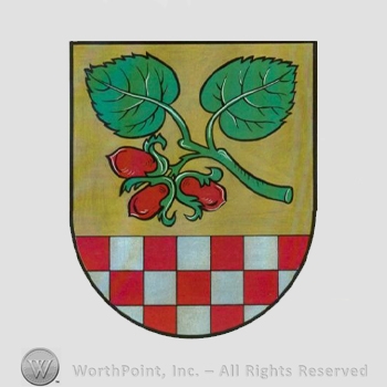 Heraldry: shield, chequered field, leaves and fruits.