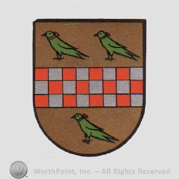 Heraldry: shield, three birds, chequered bar.