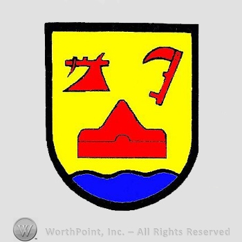 Heraldry: shield, plough, scythe, wavy line, triangle.
