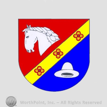 Heraldry: shield, horse head, hat, yellow line and flowers.