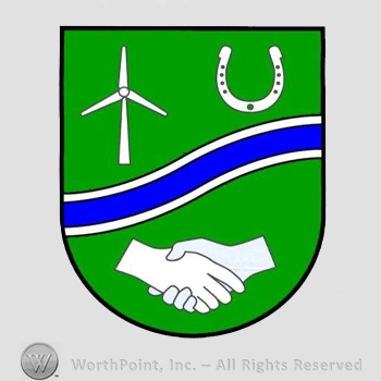 Heraldry: shield, hands, wavy blue line, horse shoe, windmill.