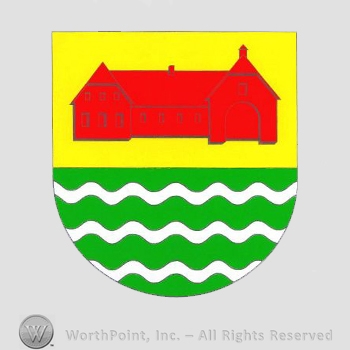 Heraldry: shield, house, wavy lines.