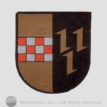 Heraldry: shield, chequered field, hooks.
