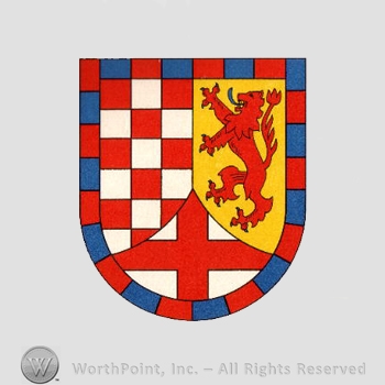 Heraldry: shield, lion rampant, cross, chequered field.