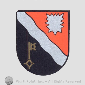 Heraldry: shield, key, leaf, wavy line.