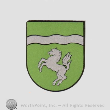 Heraldry: shield, horse, wavy line.