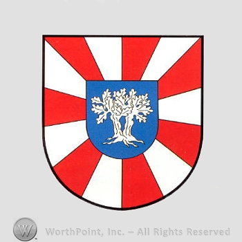 Heraldry: shield, tree, red piles.