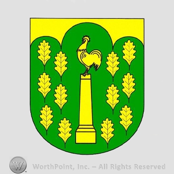 Heraldry: shield, oak leaves, pillar, cock.