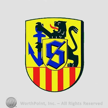 Heraldry: shield, anchor, panther, red lines, small shield.