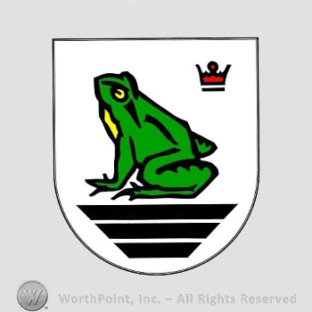 Heraldry: shield, frog, crown, black lines.