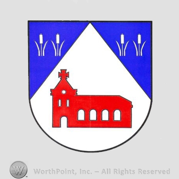 Heraldry: shield, church, rush.