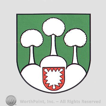 Heraldry: shield, trees, hills, small shield.