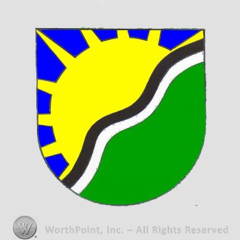 Heraldry:  shield, sun, wavy lines.