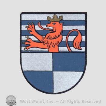 Heraldry: shield, lion rampant, crown, blue lines, chequered field.
