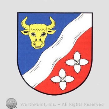 Heraldry: shield, bull head, flowers, wavy line.
