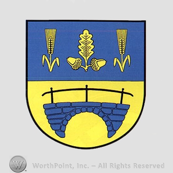 Heraldry: shield, bridge, wheat spice, acrons, oak leaf.