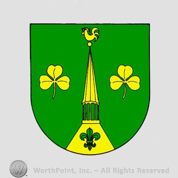 Heraldry: shield, church tower, clover leaves, cock, fleur-de-lis.