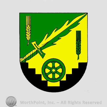 Heraldry: shield, sword, wheel, wheat spice.