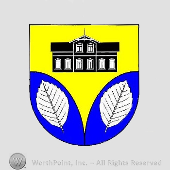 Heraldry: shield, two leaves, house.