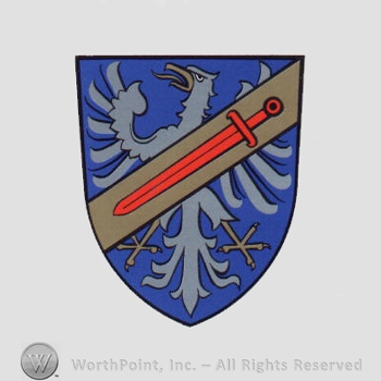 Heraldry: shield, eagle, red sword.