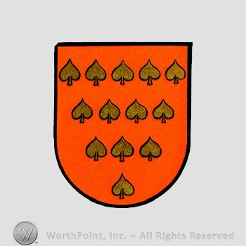 Heraldry: shield, hearts.