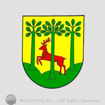 Heraldry: shield, trees, stag, hills.