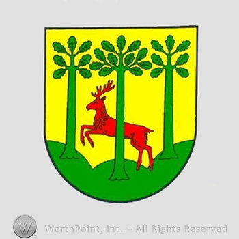 Heraldry: shield, trees, stag, hills.