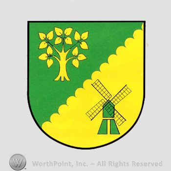 Heraldry: shield, tree, windmill.