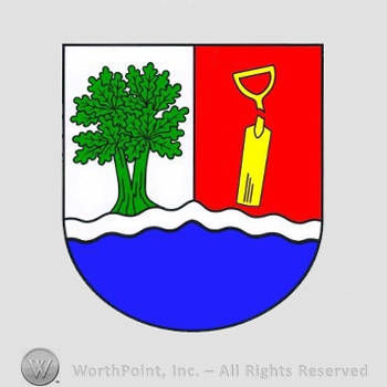Heraldry: shield, tree, wavy line, showel.