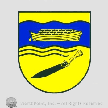 Heraldry: shield, showel, boat, wavy lines.