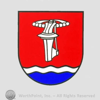 Heraldry: shield, wavy lines, pillar.