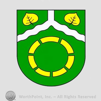 Heraldry: shield, two leaves, wavy lines, circle.