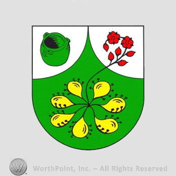 Heraldry: shield, vase, flowers.