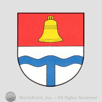 Heraldry: shield, bell, wavy lines.