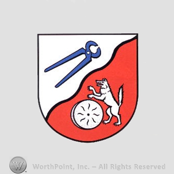 Heraldry: shield, plier, wolf, mill.