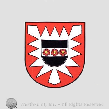 Heraldry: shield, leaf, small shield, three flowers.