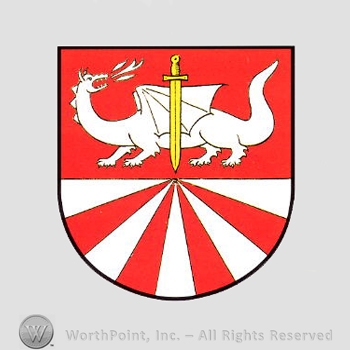 Heraldry: dragon, sword, red and white piles.