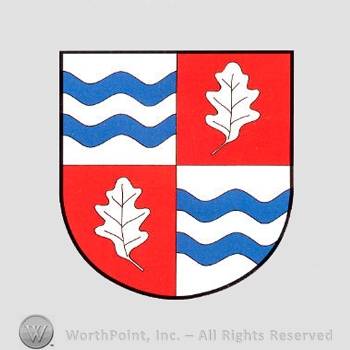 Heraldry: shield, oak leaves, wavy lines.