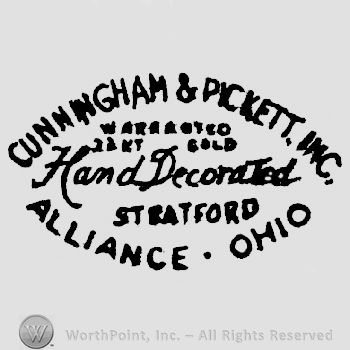 Cumingham & Pikett, Inc. written arched above Warranted written above 22 Kt Gold written above Hand Decorated written above Stratford written above Alliance, Ohio written arched