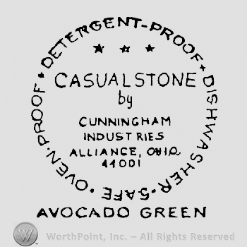 3 Stars above Casual Stone written above By written above Cunningham written above Industries written above Alliance, Ohio written abobe 44001 all inside circle shape written Detergent-Proof. Dishwasher-Safe. Oven Proof, all above Avocado Green written