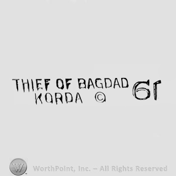 The text ''Thief of Bagdad Korda'', the letter ''C'' in a circle and two musical instruments.