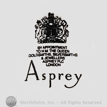 A crown and the text ''By Appointment to H. M. The Queen Goldsmiths, Silversmiths & Jewellers Asprey PLC London''.