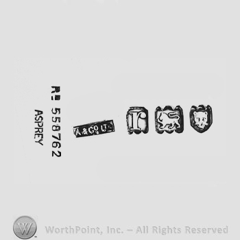 The text ''Asprey'', a code of numbers and four frames with the company logo, the letter ''r'', a lion and a lion's head.