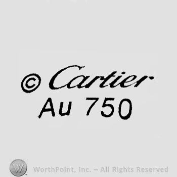 The letter ''C'' in a circle, the text ''Cartier Au'' and the numbers ''750''.