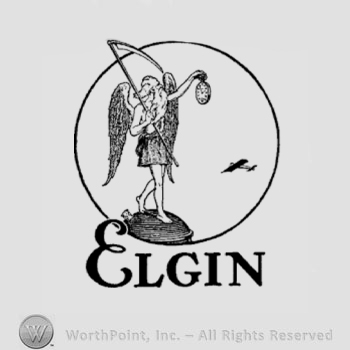 The text ''Elgin'', a circle, a demon, wings and a scythe.