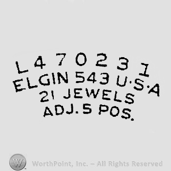 The text ''L470231 Elgin 543 U.S.A. 21 Jewels ADJ.5 POS.''.
