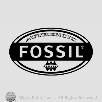 A border , the text ''Authentic Fossil'', the letter ''R'' in a circle and trees.