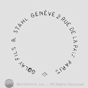 The text ''Golay Fils & Stahl Geneve 2 Rue de la Paix Paris'' and a circle.