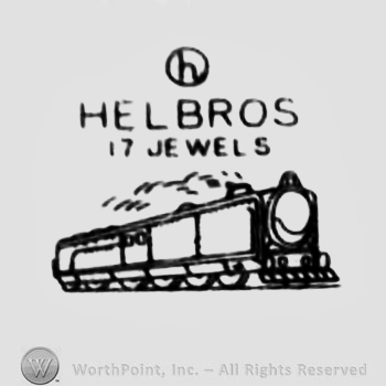 The letter ''h'' in a circle, the text ''Helbros 17Jewels'' and a train.